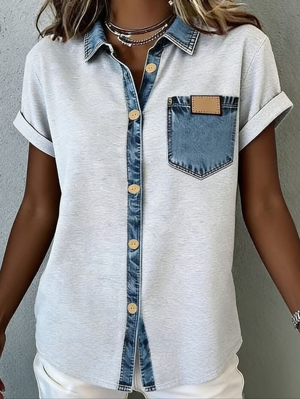 Hudson Short Sleeve Denim Trim Top - Light Gray